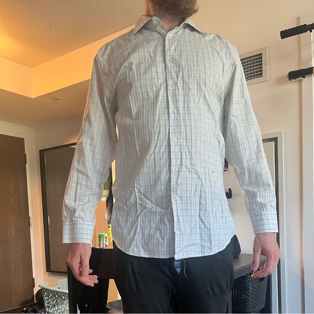 Men's Striped Button-Up Shirt and Black Pants